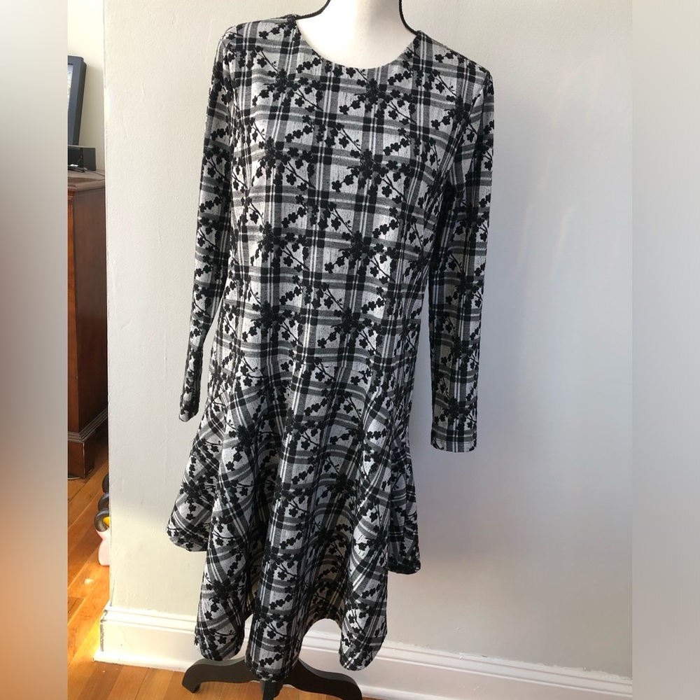 Anthropologie Hutch Black and White Plaid Fit and Flare Dress with Long Sleeves